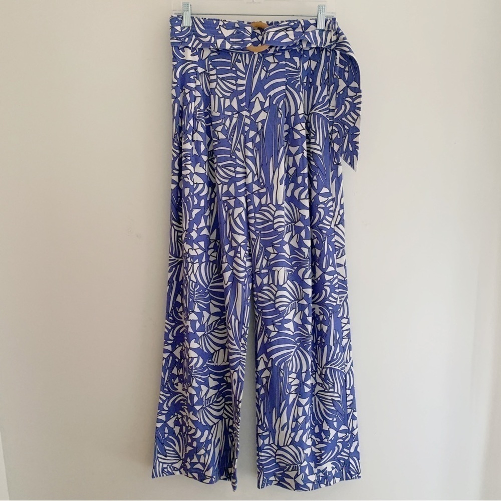 Suncoo Paris Blue Linen Botanical Print Wide Leg Pants T2 Medium Anthropologie